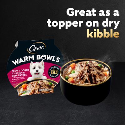 Show full view: Cesar Warm Bowls Chicken & Beef with Vegetables Entree Shredded Wet Dog Food Trays, 2.7-oz tray, pack of 10 slide 9 of 11