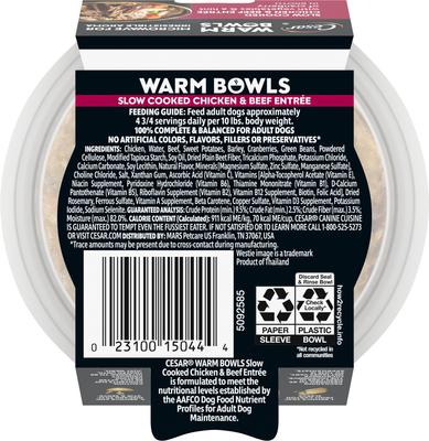 Show full view: Cesar Warm Bowls Chicken & Beef with Vegetables Entree Shredded Wet Dog Food Trays, 2.7-oz tray, pack of 10 slide 3 of 11