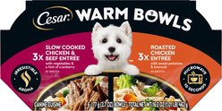 Cesar Warm Bowls Variety Pack Chicken & Beef Entree & Roasted Chicken Entree Shredded Wet Dog Food Trays, 2.7-oz tray, pack of 6