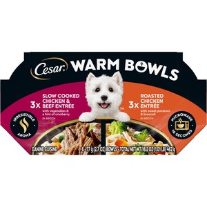 Cesar Warm Bowls Variety Pack Chicken & Beef Entree & Roasted Chicken Entree Shredded Wet Dog Food Trays, 2.7-oz tray, pack of 6