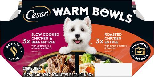 Show full view: Cesar Warm Bowls Variety Pack Chicken & Beef Entree & Roasted Chicken Entree Shredded Wet Dog Food Trays, 2.7-oz tray, pack of 6 slide 3 of 11