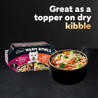 Show full view: Cesar Warm Bowls Variety Pack Chicken & Beef Entree & Roasted Chicken Entree Shredded Wet Dog Food Trays, 2.7-oz tray, pack of 6 slide 9 of 11
