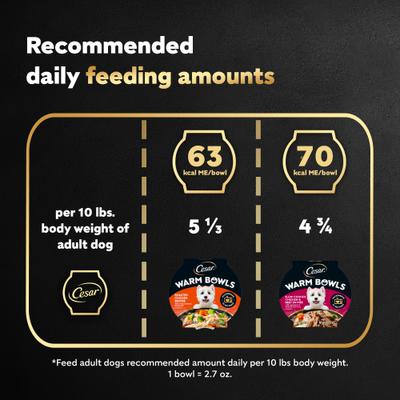 Show full view: Cesar Warm Bowls Variety Pack Chicken & Beef Entree & Roasted Chicken Entree Shredded Wet Dog Food Trays, 2.7-oz tray, pack of 6 slide 8 of 11
