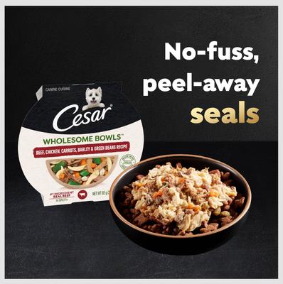 Show full view: Cesar Wholesome Bowls Beef, Chicken, Carrots, Barley & Green Beans Recipe Small Breed Adult Soft Wet Dog Food, 3-oz bowl, case of 10 slide 6 of 11