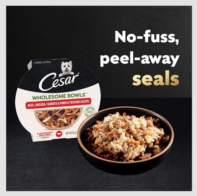 Show full view: Cesar Wholesome Bowls Beef, Chicken, Potatoes & Carrots Recipe Small Breed Adult Wet Dog Food, 3-oz tray, case of 10 slide 6 of 11