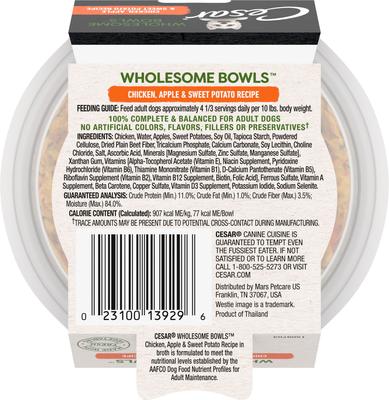 Show full view: Cesar Wholesome Bowls Chicken, Apple & Sweet Potato Recipe Small Breed Adult Soft Wet Dog Food, 3-oz bowl, case of 10 slide 3 of 11
