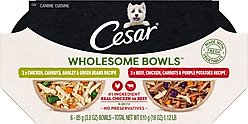 Cesar Wholesome Bowls Chicken, Carrots, Barley, Green Beans & Beef, Chicken, Carrots, Potatoes Variety Pack Small Breed Adult Wet Dog Food, 3-oz tray, case of 12