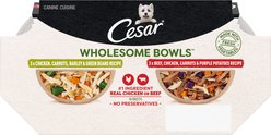 Cesar Wholesome Bowls Chicken, Carrots, Barley, Green Beans & Beef, Chicken, Carrots, Potatoes Variety Pack Small Breed Adult Wet Dog Food, 3-oz tray, case of 12 slide 2 of 9