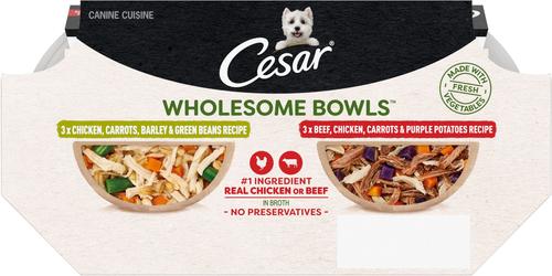 Show full view: Cesar Wholesome Bowls Chicken, Carrots, Barley, Green Beans & Beef, Chicken, Carrots, Potatoes Variety Pack Small Breed Adult Wet Dog Food, 3-oz tray, case of 12 slide 3 of 11