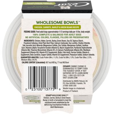 Show full view: Cesar Wholesome Bowls Chicken, Carrots, Barley & Green Beans Recipe Small Breed Adult Wet Dog Food, 3-oz tray, case of 10 slide 3 of 11