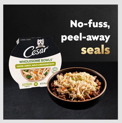 Show full view: Cesar Wholesome Bowls Chicken, Carrots, Barley & Green Beans Recipe Small Breed Adult Wet Dog Food, 3-oz tray, case of 10 slide 6 of 11