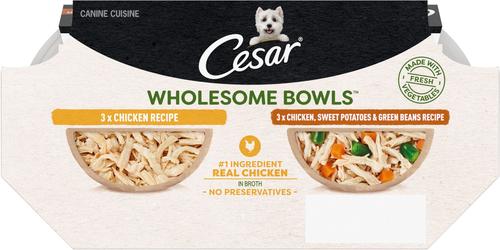 Show full view: Cesar Wholesome Bowls Chicken Recipe & Chicken, Sweet Potato, Green Beans Recipe Variety Pack Small Breed Adult Wet Dog Food, 3-oz tray, case of 12 slide 3 of 11