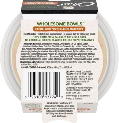 Show full view: Cesar Wholesome Bowls Chicken, Sweet Potato & Green Beans Recipe Small Breed Adult Wet Dog Food, 3-oz tray, case of 10 slide 3 of 11