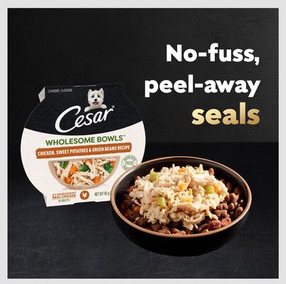 Show full view: Cesar Wholesome Bowls Chicken, Sweet Potato & Green Beans Recipe Small Breed Adult Wet Dog Food, 3-oz tray, case of 10 slide 6 of 11
