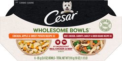 Cesar Wholesome Bowls Variety Pack Beef, Chicken, Carrots, Barley & Green Beans Recipe & Chicken, Apple & Sweet Potato Recipe Small Breed Adult Soft Wet Dog Food, 3-oz bowl, case of 6