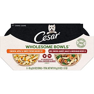 Cesar Wholesome Bowls Variety Pack Beef, Chicken, Carrots, Barley & Green Beans Recipe & Chicken, Apple & Sweet Potato Recipe Small Breed Adult Soft Wet Dog Food, 3-oz bowl, case of 6
