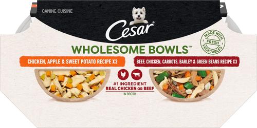Show full view: Cesar Wholesome Bowls Variety Pack Beef, Chicken, Carrots, Barley & Green Beans Recipe & Chicken, Apple & Sweet Potato Recipe Small Breed Adult Soft Wet Dog Food, 3-oz bowl, case of 6 slide 3 of 11