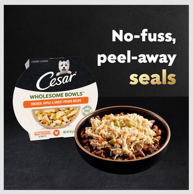 Show full view: Cesar Wholesome Bowls Variety Pack Beef, Chicken, Carrots, Barley & Green Beans Recipe & Chicken, Apple & Sweet Potato Recipe Small Breed Adult Soft Wet Dog Food, 3-oz bowl, case of 6 slide 6 of 11