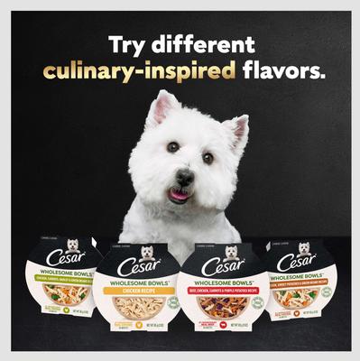 Show full view: Cesar Wholesome Bowls Variety Pack Beef, Chicken, Carrots, Barley & Green Beans Recipe & Chicken, Apple & Sweet Potato Recipe Small Breed Adult Soft Wet Dog Food, 3-oz bowl, case of 6 slide 10 of 11