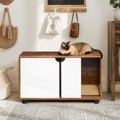Show full view: Cesicia Double Doors Cat Litter Box Enclosure, White/Vintage slide 4 of 10