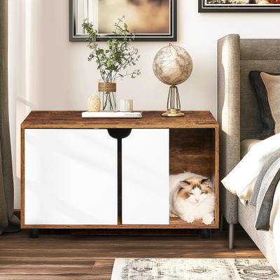 Show full view: Cesicia Double Doors Cat Litter Box Enclosure, White/Vintage slide 5 of 10