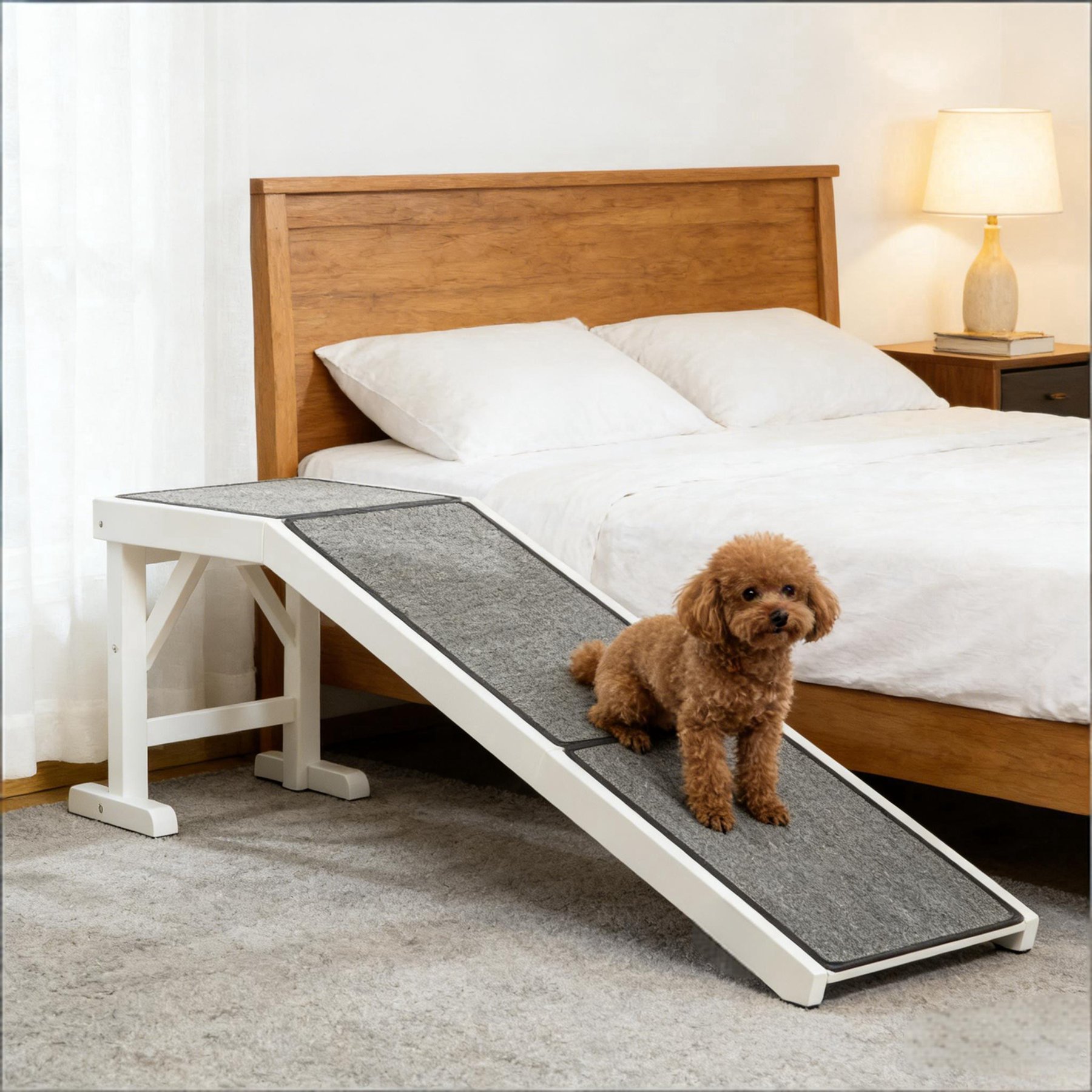 Cesicia Practical Pine Wood Non-Slip Tread Dog & Cat Ramp, Large, Grey