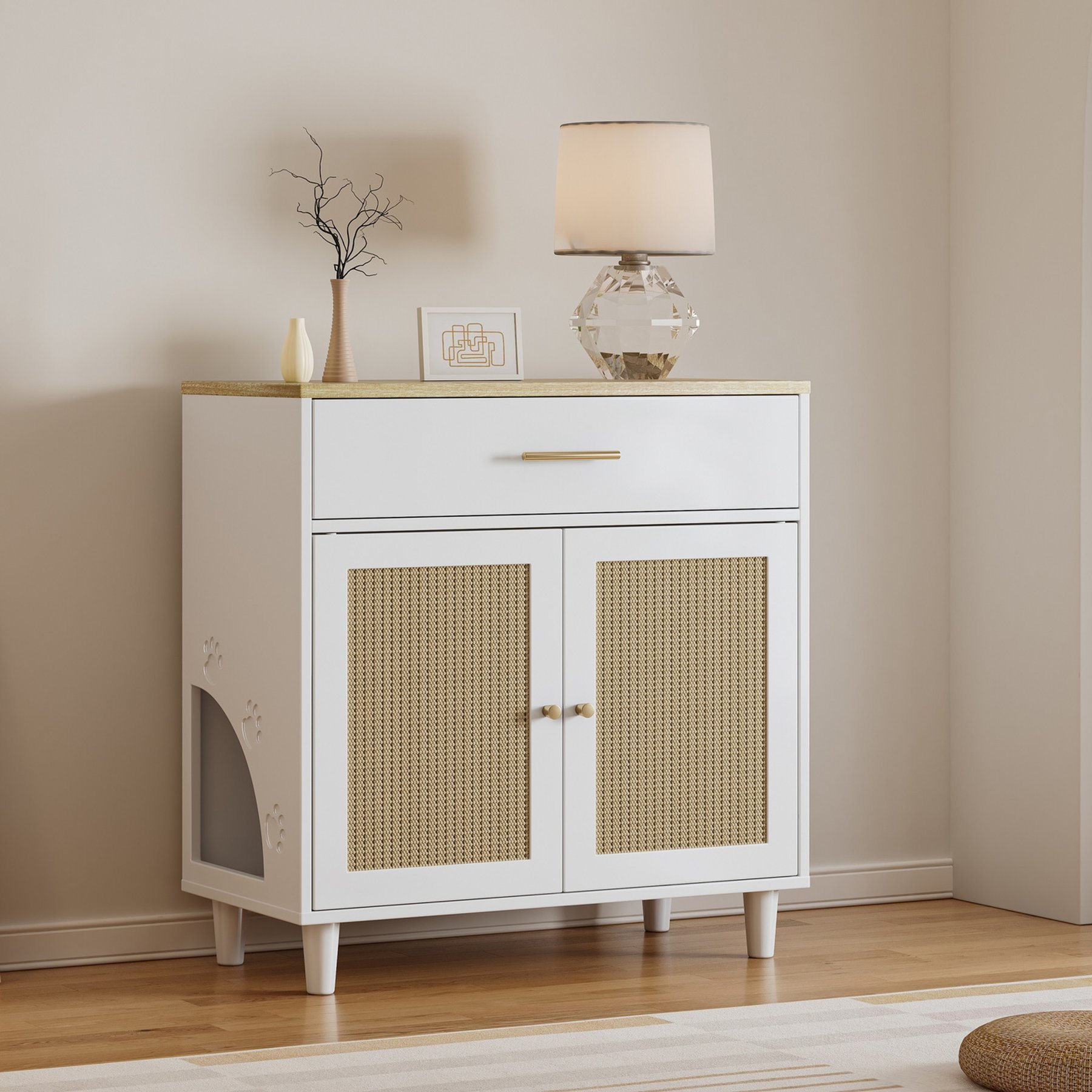 Cesicia Wooden Cat Litter Box Enclosure with Scratch Pad, Pet House Sideboard & Storage Cabinet, White