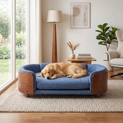 Cfowner Elevated with Solid Wood Legs & Bent Soft Backrest, Cat Stool with Velvet Cushio Kitten, Furniture-Style-Sofa Dog Bed, Large, Dark Blue & Brown