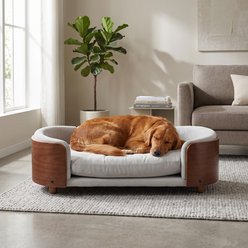 Cfowner Elevated with Solid Wood Legs & Bent Soft Backrest, Cat Stool with Velvet Cushio Kitten, Furniture-Style-Sofa Dog Bed, Large, Light Gray & Brown