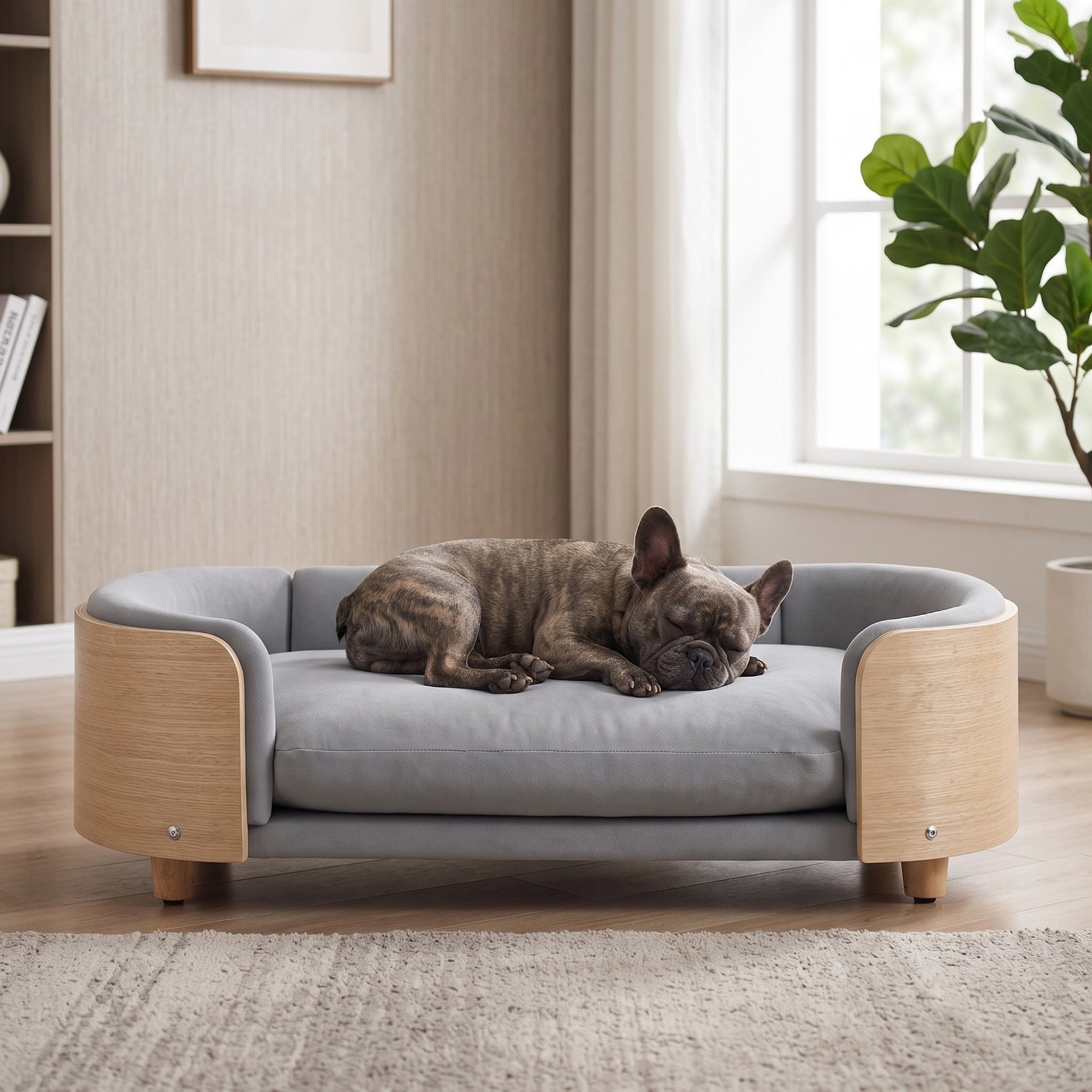 Cfowner Elevated with Solid Wood Legs & Bent Soft Backrest, Cat Stool with Velvet Cushio Kitten, Furniture-Style-Sofa Dog Bed, Large, Light Gray & Natural