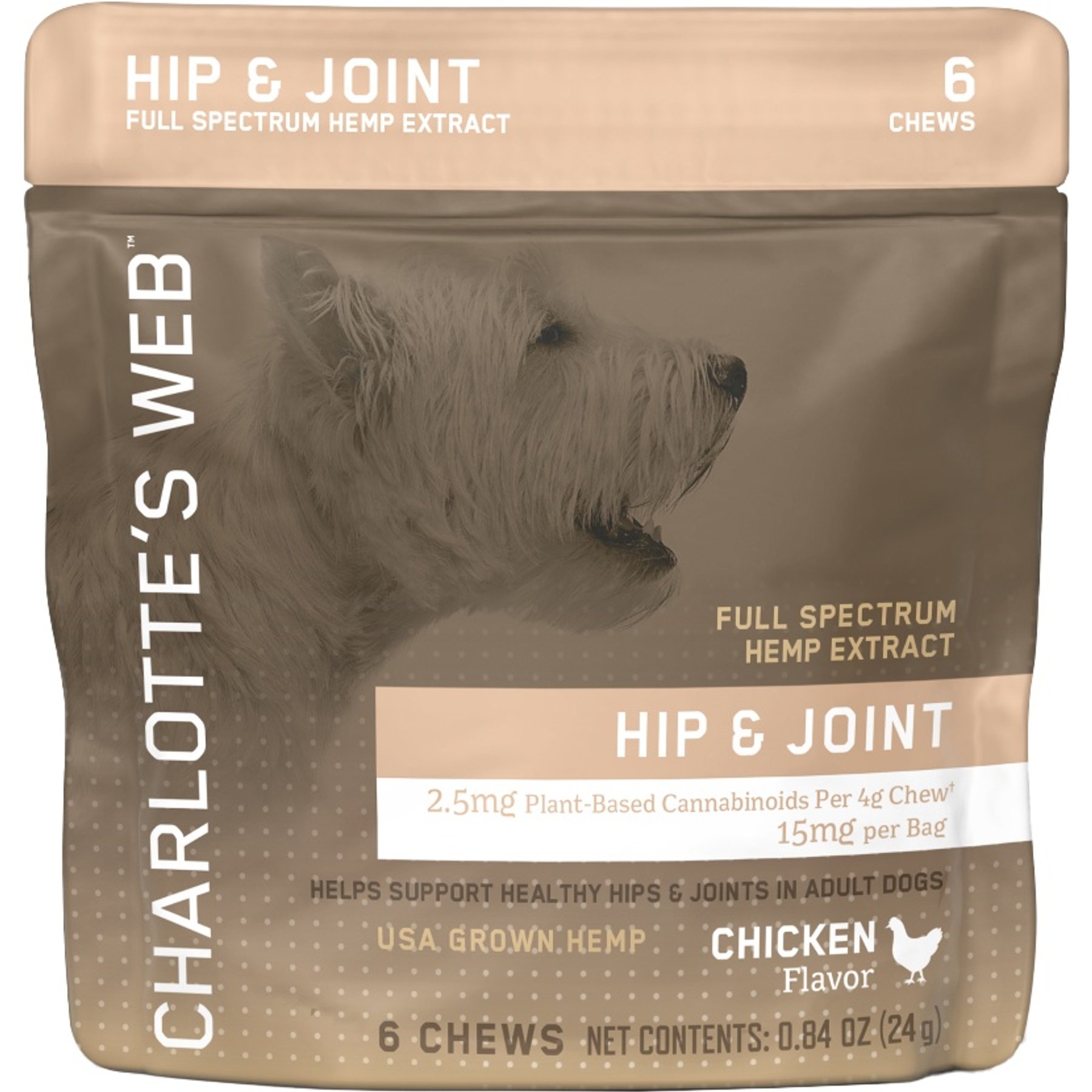 Charlotte's Web Chicken Flavored Chew Hip & Joint Full Spectrum Hemp Extract Health Supplement for Dogs, 6 count
