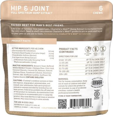 Show full view: Charlotte's Web Chicken Flavored Chew Hip & Joint Full Spectrum Hemp Extract Health Supplement for Dogs, 6 count slide 3 of 4