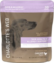 Charlotte's Web Chicken Flavored Chew Skin Health & Allergy Full Spectrum Hemp Extract Health Supplement for Dogs, 30 count