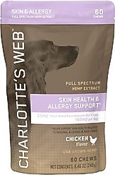 Charlotte's Web Chicken Flavored Chew Skin Health & Allergy Full Spectrum Hemp Extract Health Supplement for Dogs, 60 count