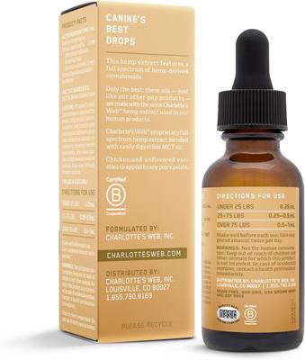 Show full view: Charlotte's Web Full Spectrum Hemp Extract Chicken Flavored Liquid Calming Supplement for Dogs, 30-ml bottle slide 5 of 8