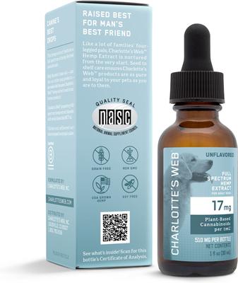 Show full view: Charlotte's Web Full Spectrum Hemp Extract Unflavored Liquid Calming Supplement for Dogs, 30-ml bottle slide 3 of 8