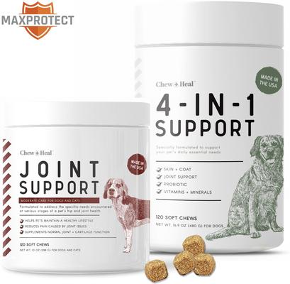 Show full view: Chew + Heal 4-IN-1 Support Chews Dog Supplement & Chew + Heal Joint Support Chews Dog Supplement, 240 count slide 1 of 11