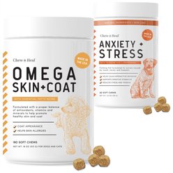 Chew + Heal Anxiety & Stress, 60 count + Omega Skin + Coat Dog Supplement, 180 count