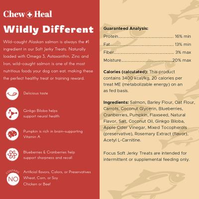 Show full view: Chew + Heal Focus Wild Alaskan Salmon Limited Ingredient Soft Jerky Dog Treats, 12-oz bag slide 8 of 9