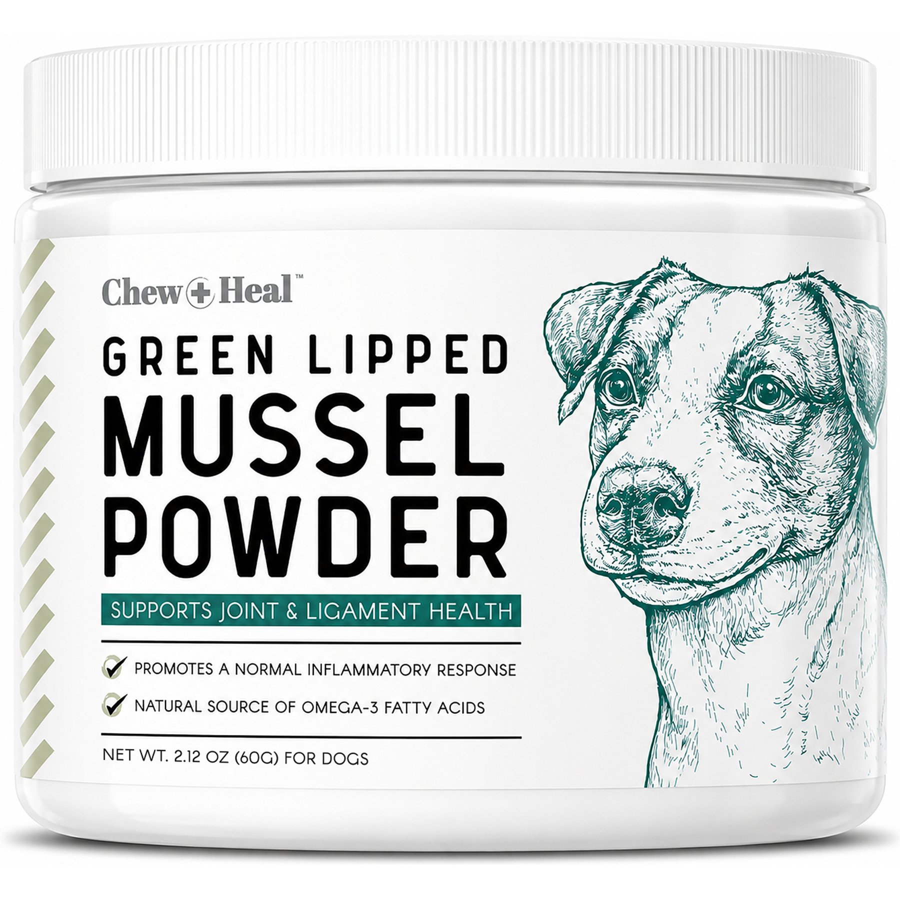 Chew + Heal Green Lipped Mussel Powder Joint & Ligament Health Supplement for Dogs & Cats, 2-oz jar