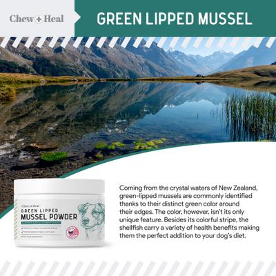 Show full view: Chew + Heal Green Lipped Mussel Powder Joint & Ligament Health Supplement for Dogs & Cats, 2-oz jar slide 4 of 11