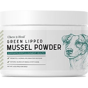 Chew + Heal Green Lipped Mussel Powder Joint & Ligament Health Supplement for Dogs & Cats, 6-oz jar