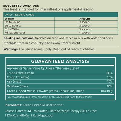 Show full view: Chew + Heal Green Lipped Mussel Powder Joint & Ligament Health Supplement for Dogs & Cats, 6-oz jar slide 10 of 11