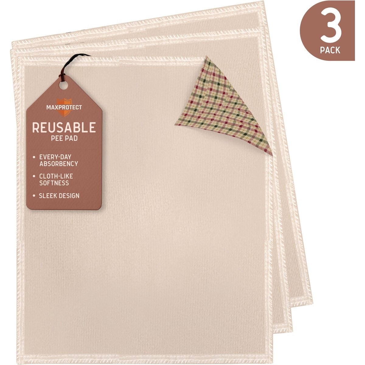 Chew + Heal Max Protect Plaid Reusable Dog Pee Pads, 34-in, 3 count