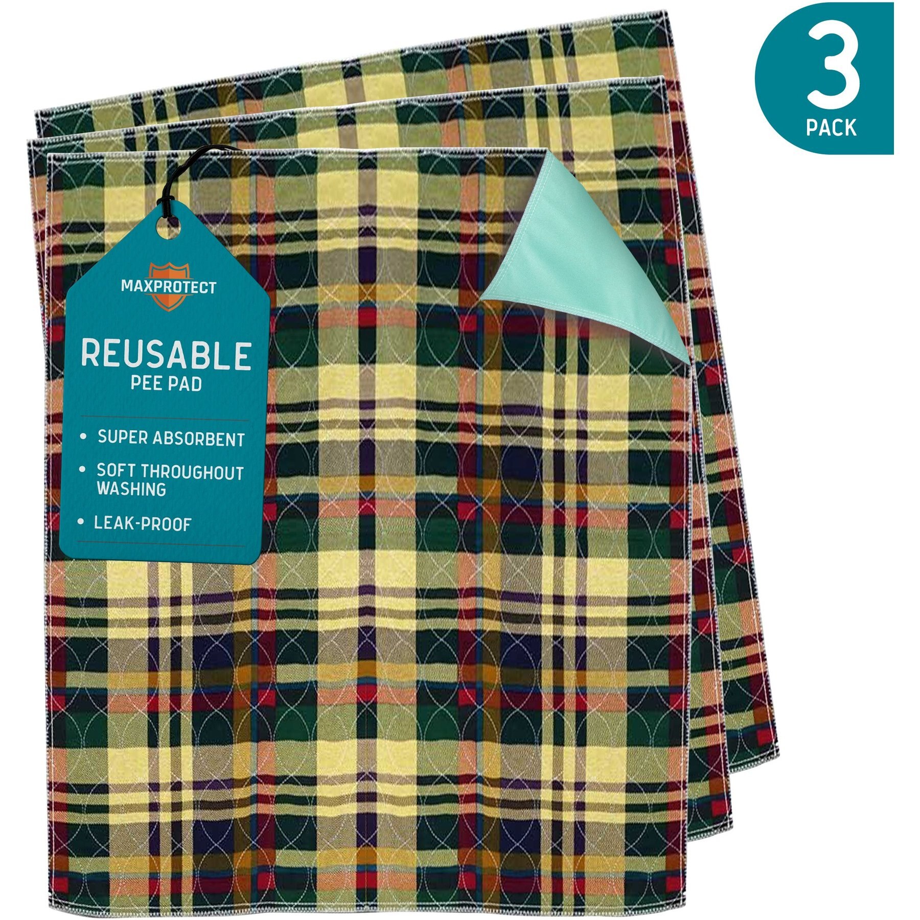 Chew + Heal Max Protect Tartan Plaid Patterned Reusable Dog Pee Pads, 18-in, 3 count