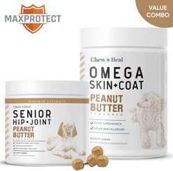 Chew + Heal MaxProtect Hip + Joint & Omega Skin + Coat Chicken & Peanut Butter Flavored Soft Chews Supplement for Senior Dogs, 300 count