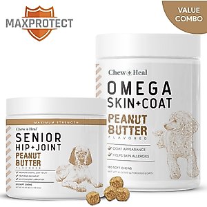 Chew + Heal MaxProtect Hip + Joint & Omega Skin + Coat Chicken & Peanut Butter Flavored Soft Chews Supplement for Senior Dogs, 300 count