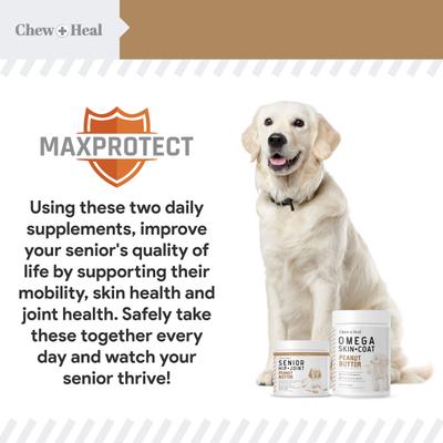 Show full view: Chew + Heal MaxProtect Hip + Joint & Omega Skin + Coat Chicken & Peanut Butter Flavored Soft Chews Supplement for Senior Dogs, 300 count slide 3 of 10