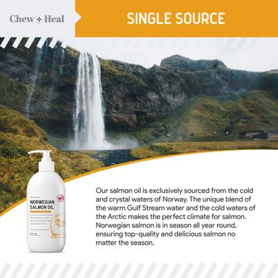 Show full view: Chew + Heal Norwegian Salmon Oil Skin & Coat Supplement for Dogs & Cats, 8-fl oz bottle slide 7 of 11