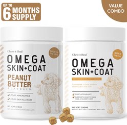 Chew + Heal Omega Skin + Coat Chicken & Original Peanut Butter Flavored Soft Chew Bundle Supplement for Dogs, 360 count